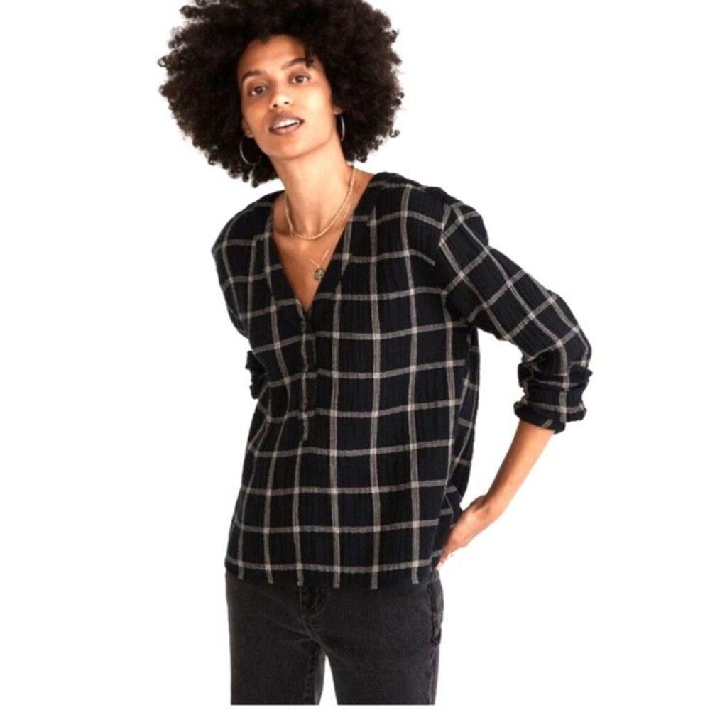 Madewell Evert Lightspun Cotton Gauze Top Sz S True Black Cream Windowpane Plaid